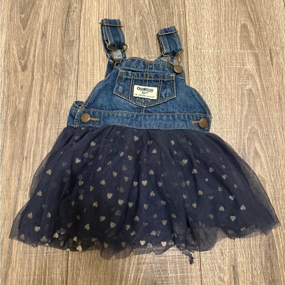 Oshkosh B'Gosh Overalls Dress Denim 6 Mo Tulle Mesh Glitter Hearts